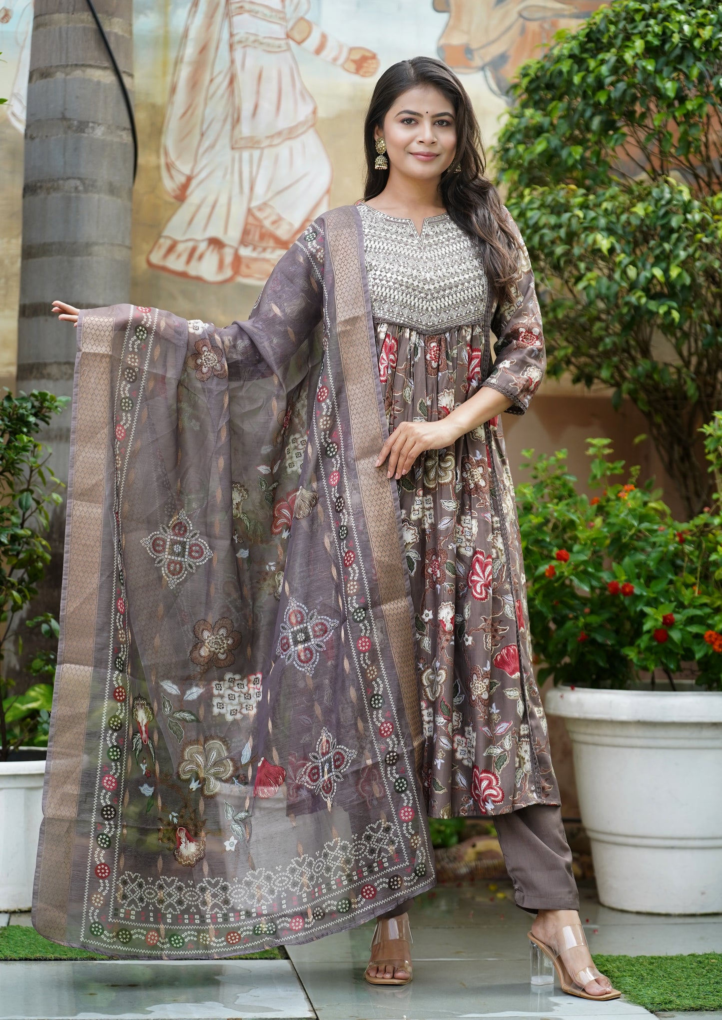 Shagun Creations Brown Embroidered Verticle A-line Suit Set