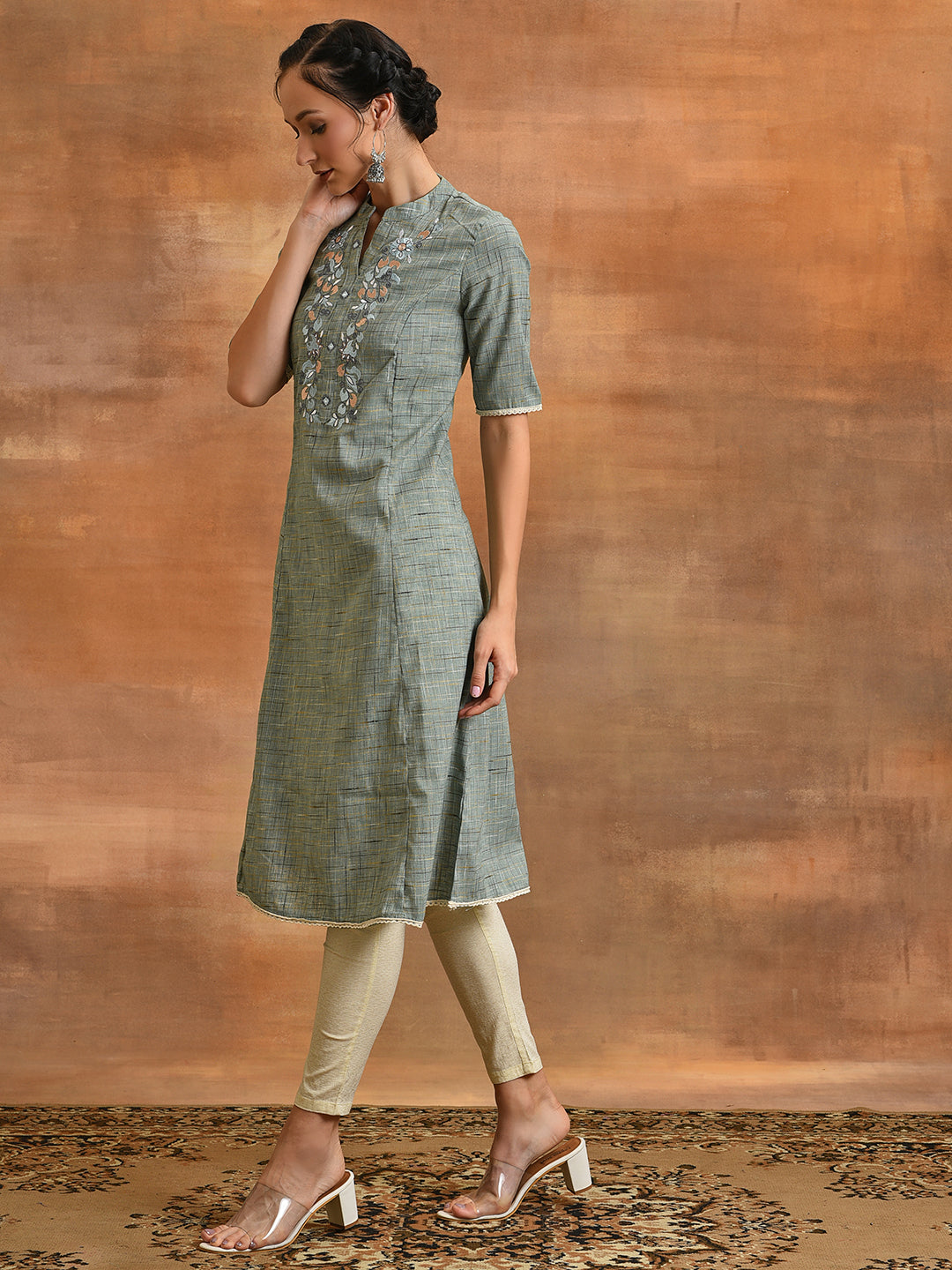 Blue Embroidered A-line Kurta