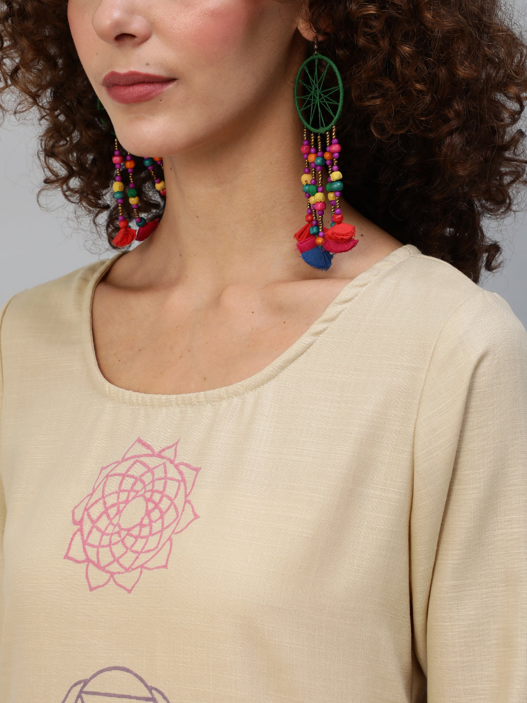 Beige Block Print Kurta With Palazzo