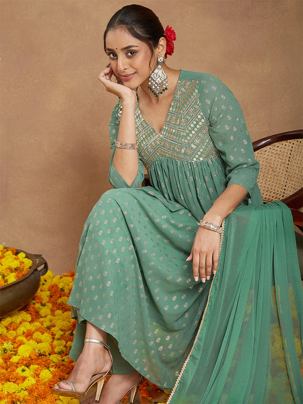 Women's Sage Green Georgette Embellished Gold Printed A-line Kurta Set