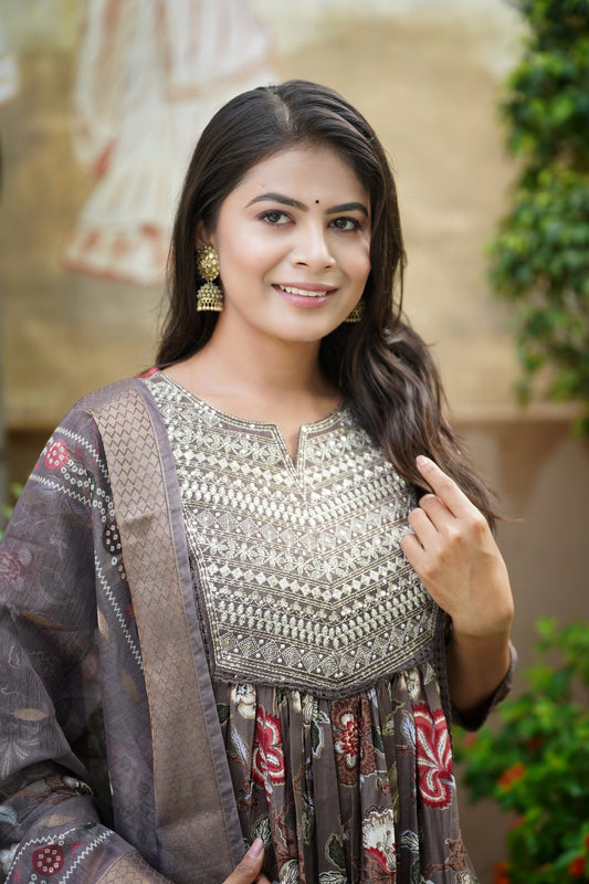 Shagun Creations Brown Embroidered Verticle A-line Suit Set