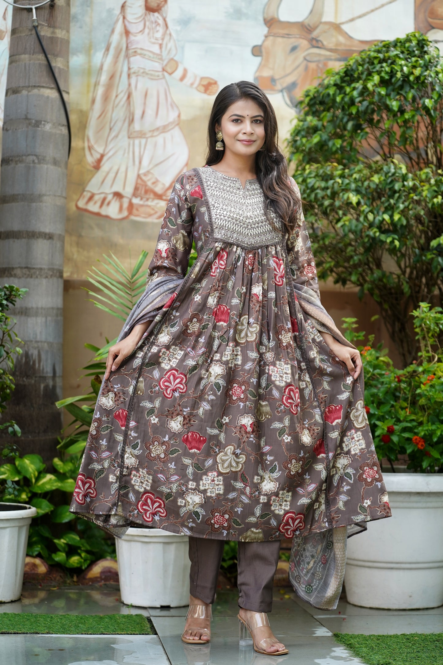 Shagun Creations Brown Embroidered Verticle A-line Suit Set