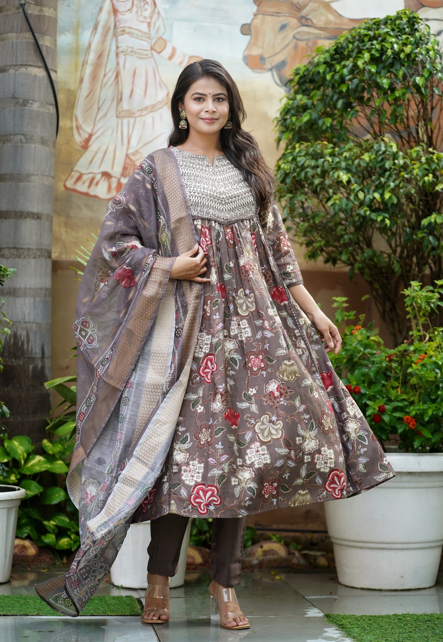 Shagun Creations Brown Embroidered Verticle A-line Suit Set