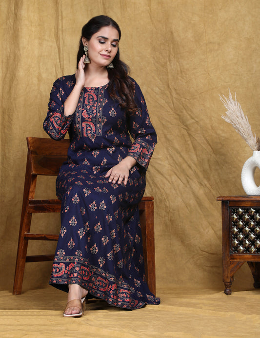 Shagun Creations Blue Embroidered Rayon Gown Dress