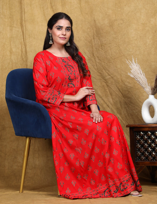 Shagun Creations Red Embroidered Rayon Gown Dress