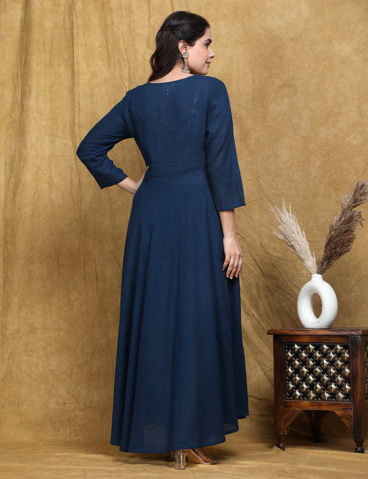 Shagun Creations Blue Embroidered Cotton Slub Gown Dress