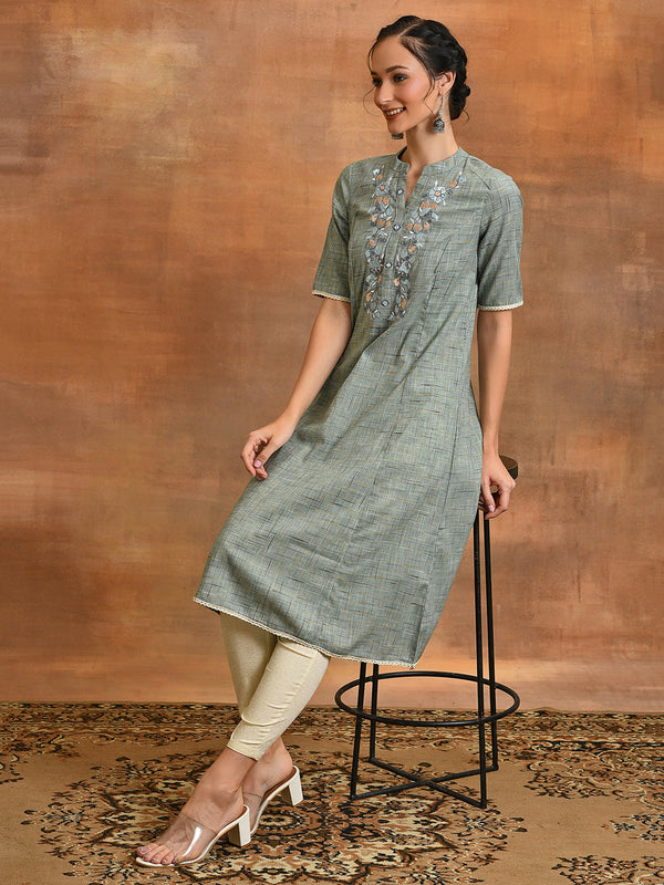Blue Embroidered A-line Kurta