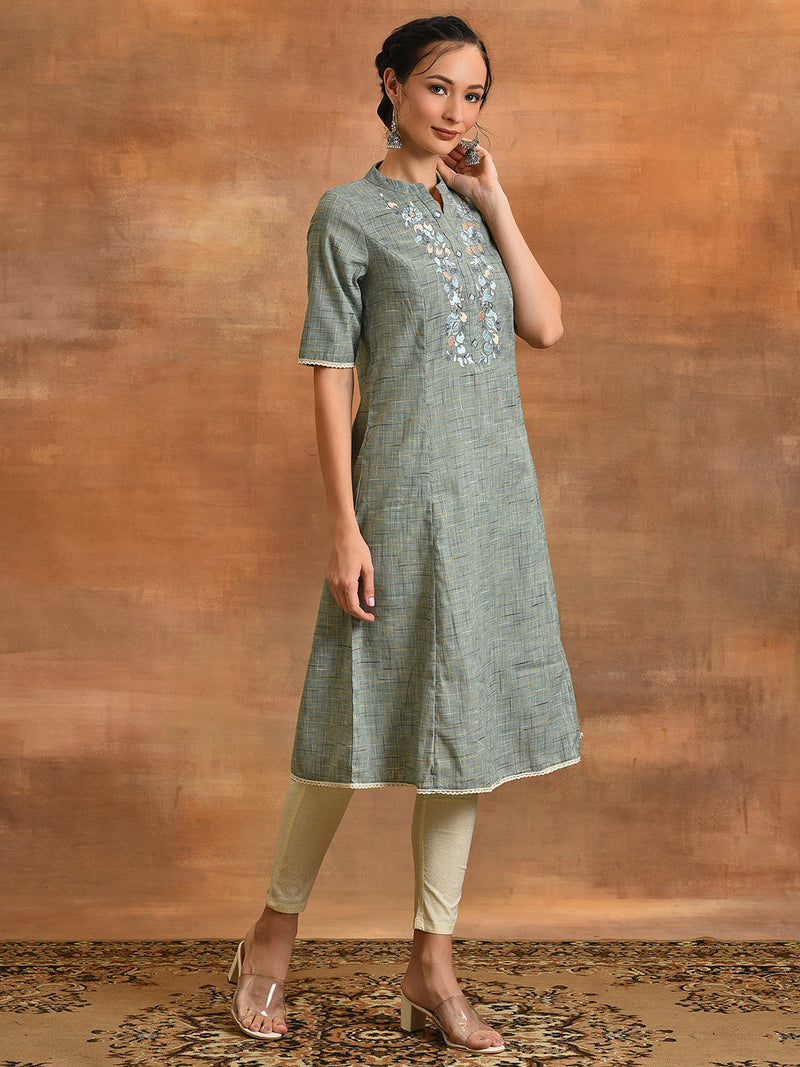 Blue Embroidered A-line Kurta