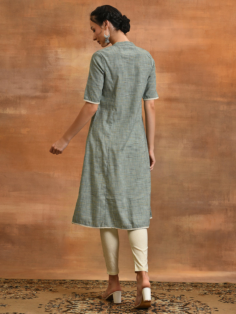 Blue Embroidered A-line Kurta