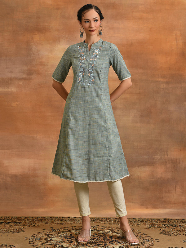 Blue Embroidered A-line Kurta