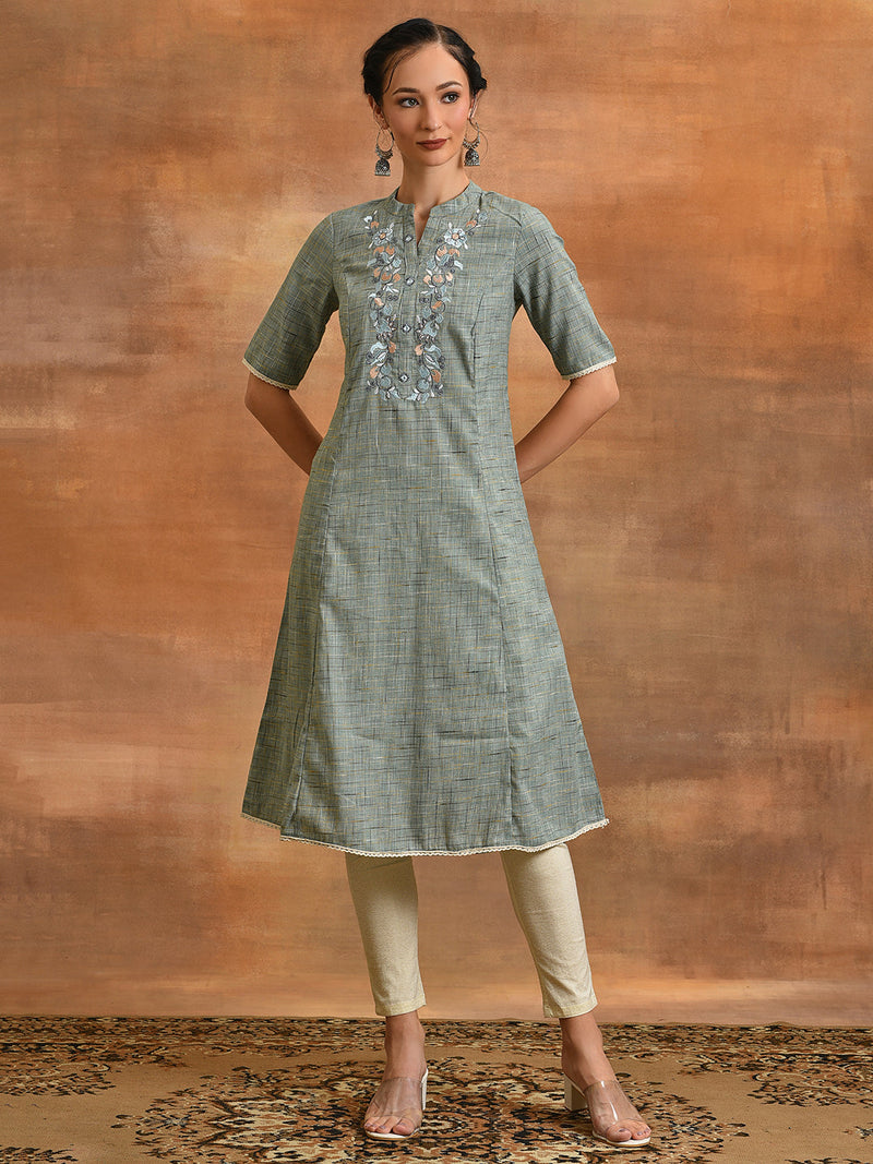 Blue Embroidered A-line Kurta