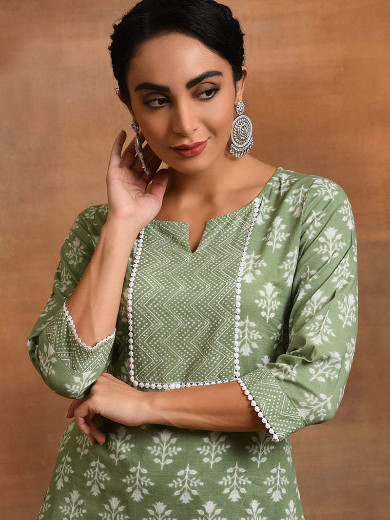 Pastel Green Floral Print Kurta With Balloon Palazzo
