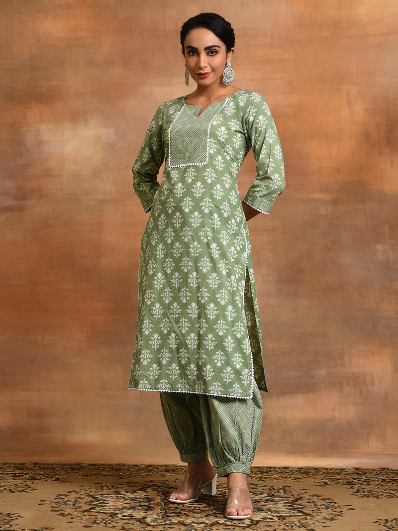 Pastel Green Floral Print Kurta With Balloon Palazzo