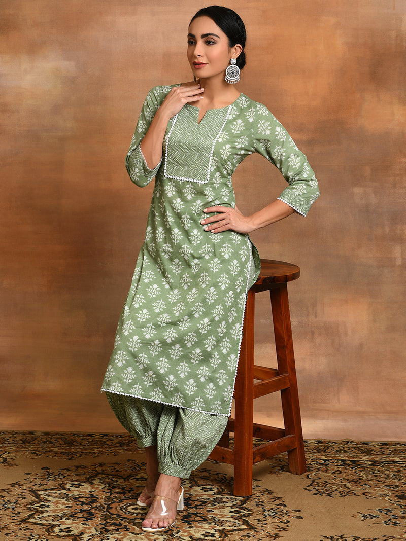 Pastel Green Floral Print Kurta With Balloon Palazzo