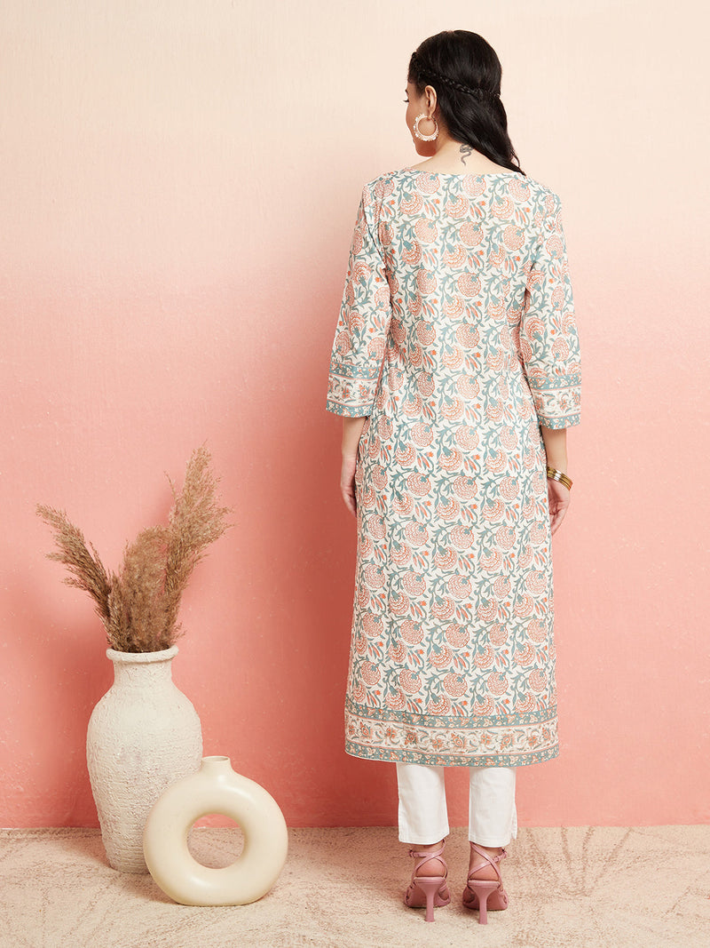 White Floral Print Straight Kurta