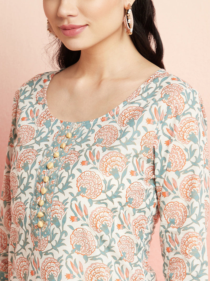 White Floral Print Straight Kurta