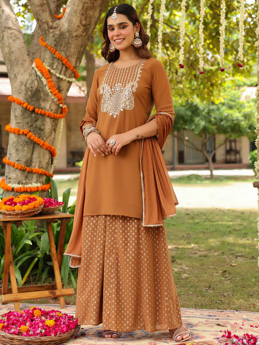 Women's Brown Georgette Embroidered Straight Kurta With Sharara & Dupatta Set
