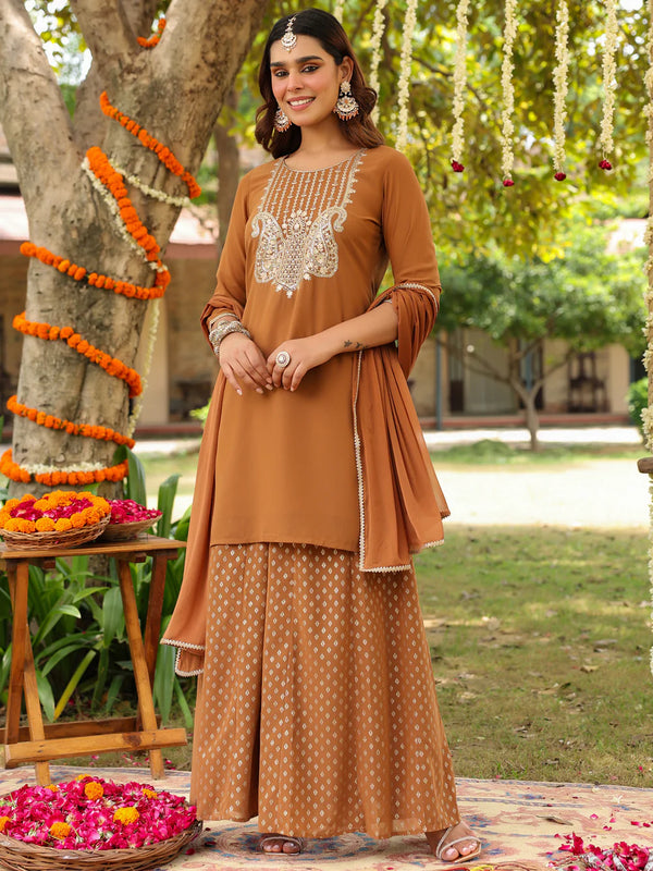 Women's Brown Georgette Embroidered Straight Kurta With Sharara & Dupatta Set