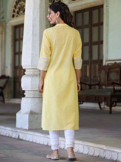 Yellow Ethnic Motif Printed Cotton Slub Straight Kurta With Lace & Zari Work