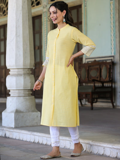 Yellow Ethnic Motif Printed Cotton Slub Straight Kurta With Lace & Zari Work