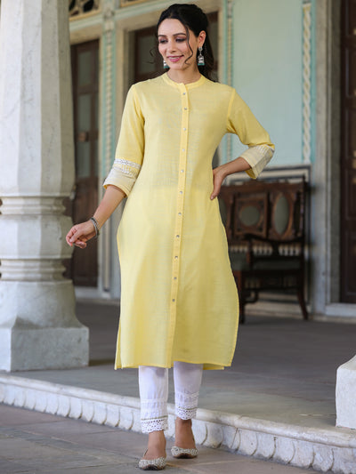 Yellow Ethnic Motif Printed Cotton Slub Straight Kurta With Lace & Zari Work