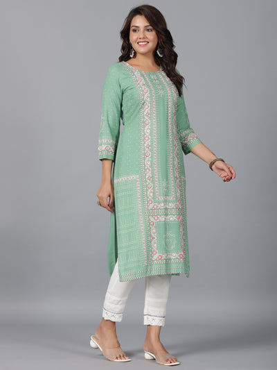 Sage Green Floral Printed Rayon Straight Kurta With Beads