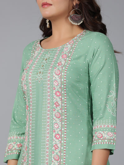 Sage Green Floral Printed Rayon Straight Kurta With Beads