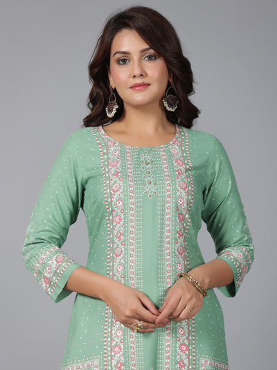 Sage Green Floral Printed Rayon Straight Kurta With Beads