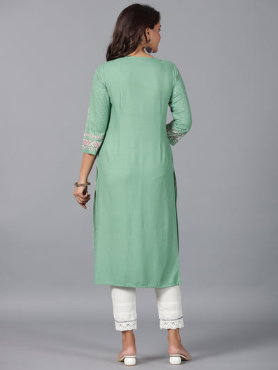 Sage Green Floral Printed Rayon Straight Kurta With Beads
