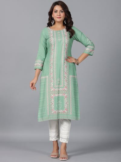 Sage Green Floral Printed Rayon Straight Kurta With Beads