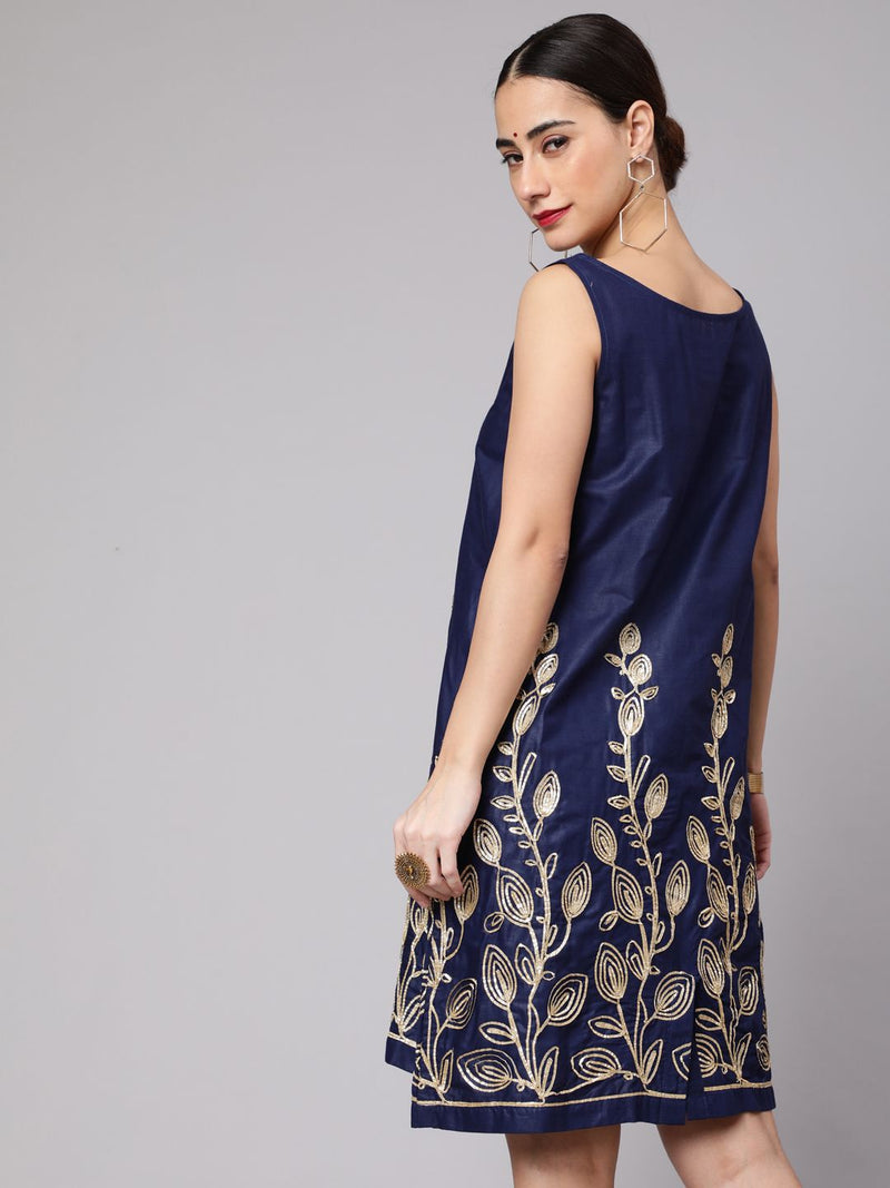 Navy Blue Embroidered Shift Dress