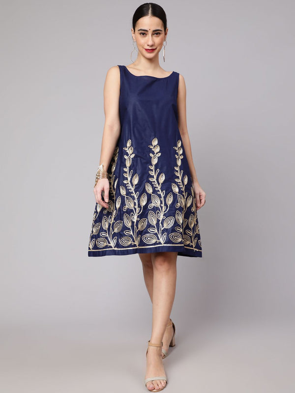 Navy Blue Embroidered Shift Dress
