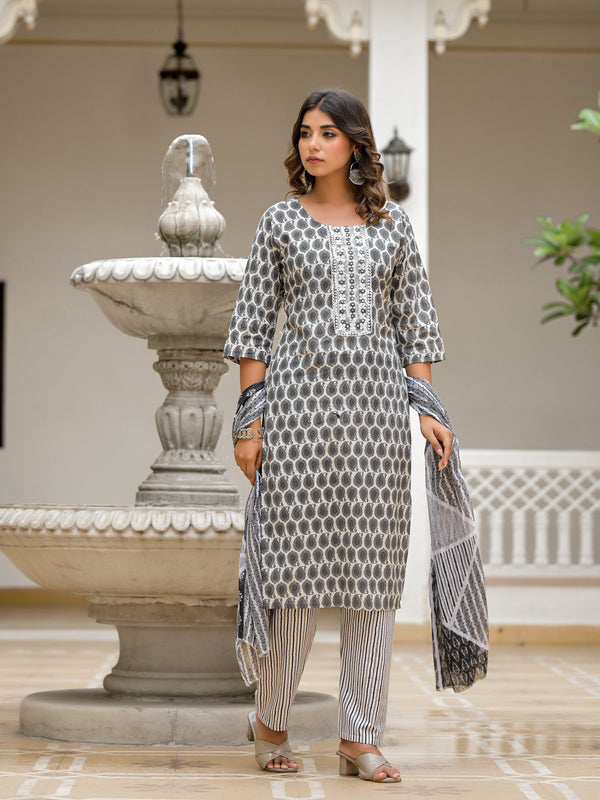 Grey Ethnic Motif Printed Cotton Kurta, Pant And Dupatta Set With Thread & Mirror Work