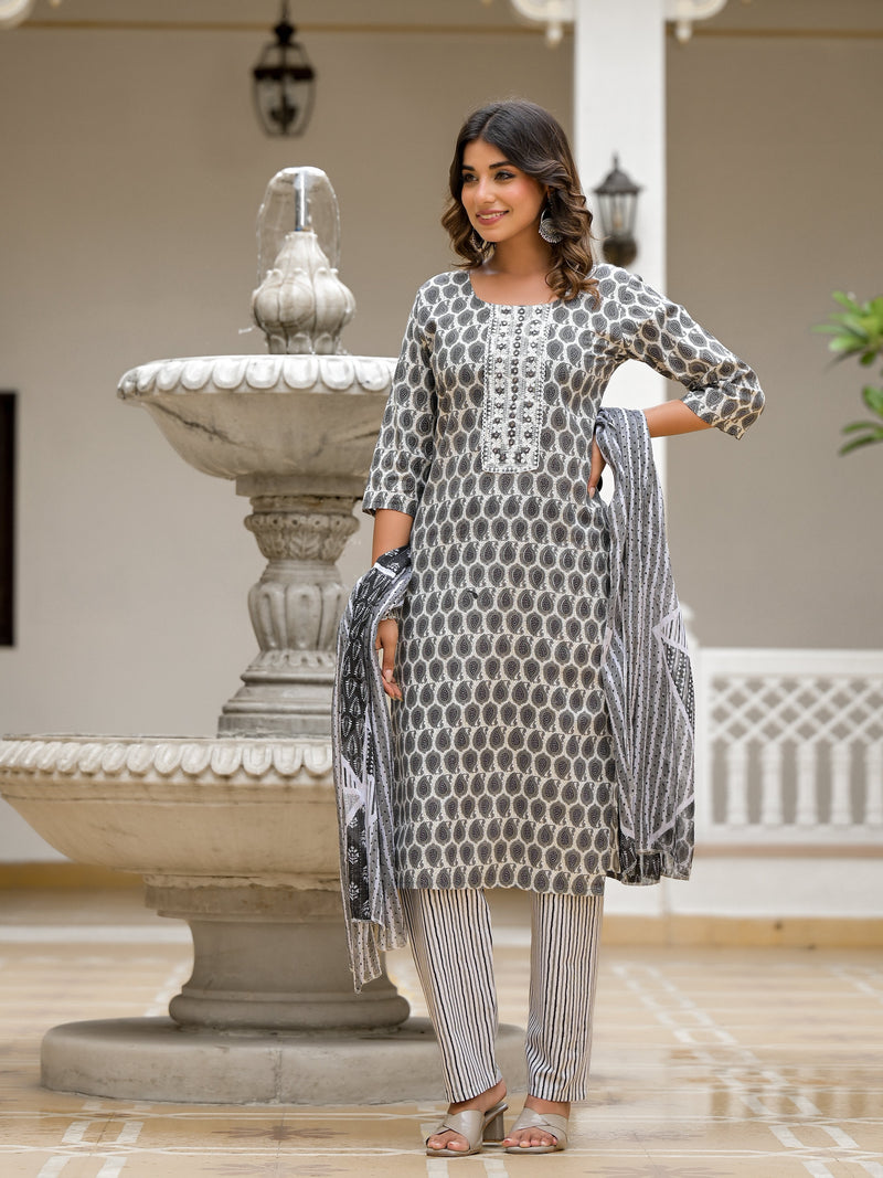 Grey Ethnic Motif Printed Cotton Kurta, Pant And Dupatta Set With Thread & Mirror Work
