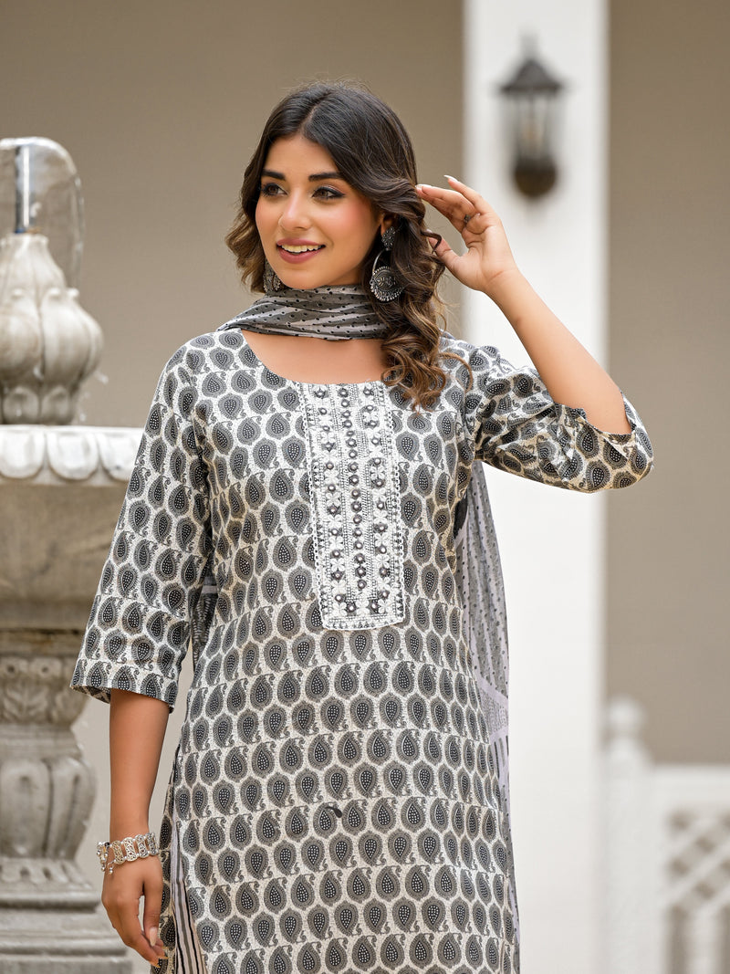 Grey Ethnic Motif Printed Cotton Kurta, Pant And Dupatta Set With Thread & Mirror Work