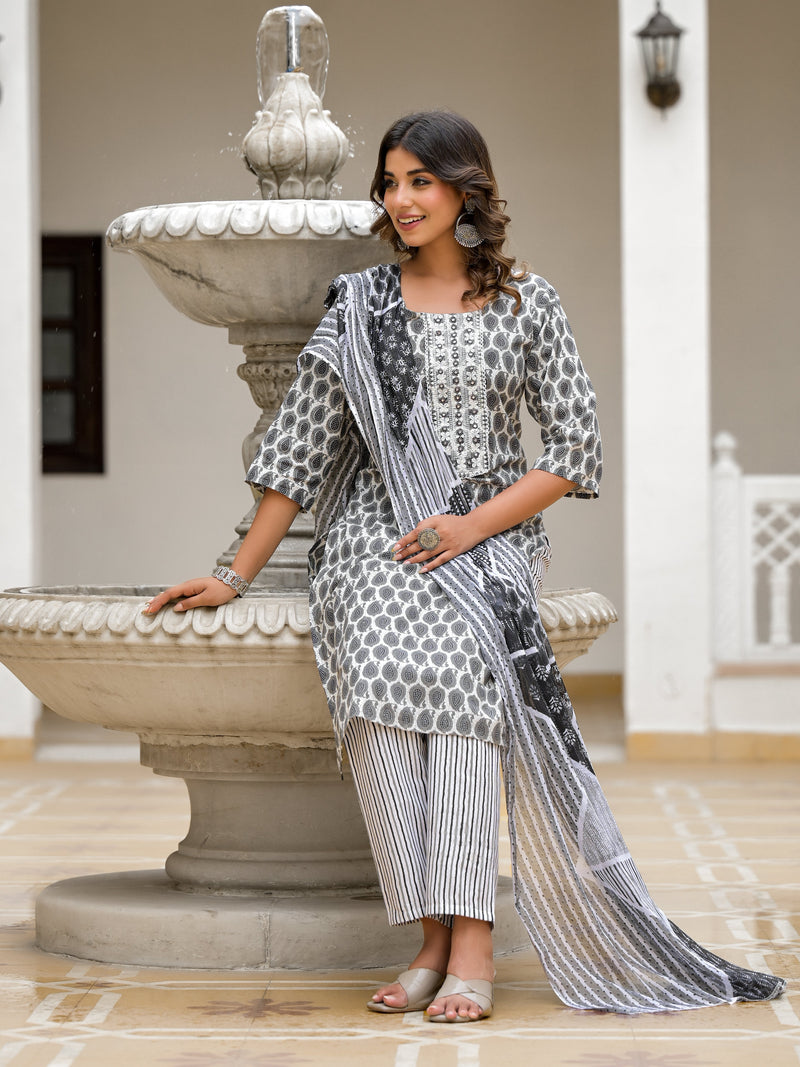 Grey Ethnic Motif Printed Cotton Kurta, Pant And Dupatta Set With Thread & Mirror Work
