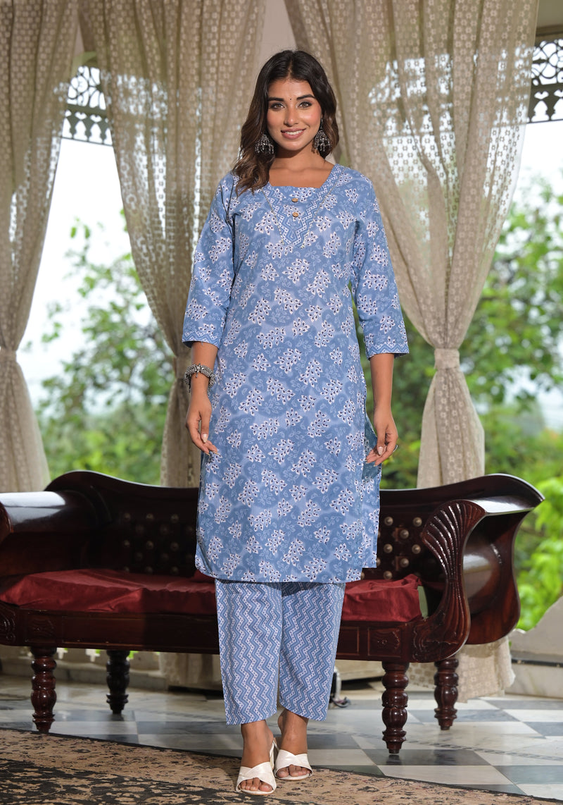 Sky Blue Ethnic Motif Printed Cotton Kurta, Pant And Dupatta Set With Buttons & Lace