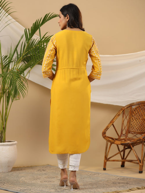 Women Mustard Geometric Printed Rayon Kurta With Contrast Beadwork Sequins & Tassels