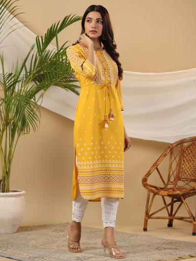 Women Mustard Geometric Printed Rayon Kurta With Contrast Beadwork Sequins & Tassels