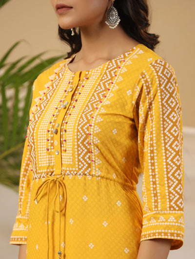 Women Mustard Geometric Printed Rayon Kurta With Contrast Beadwork Sequins & Tassels