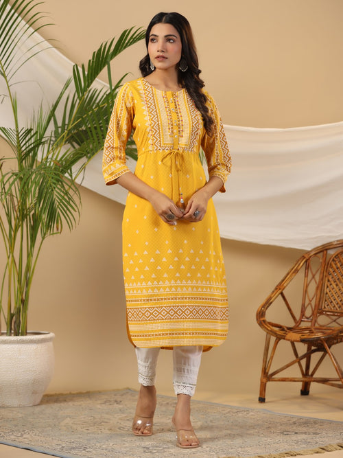 Women Mustard Geometric Printed Rayon Kurta With Contrast Beadwork Sequins & Tassels