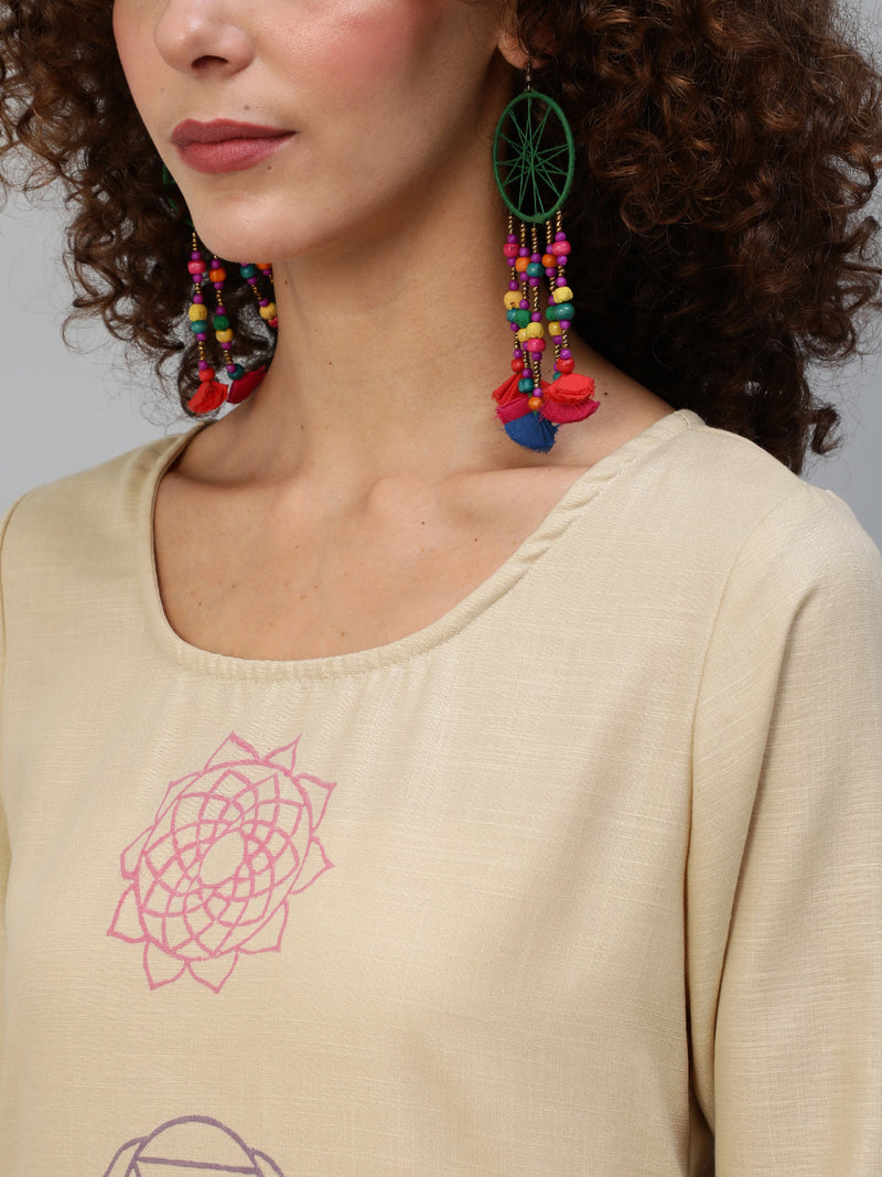 Beige Block Print Kurta With Palazzo