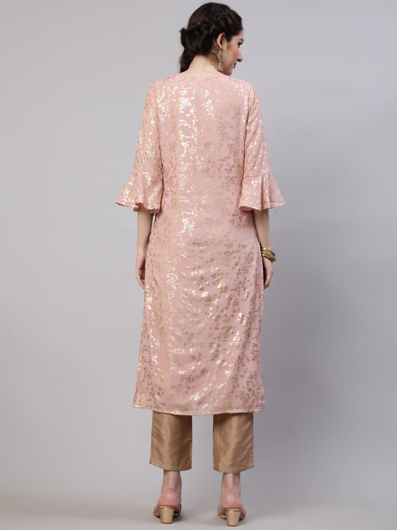 Peach Foil Printed Kurta With Pant