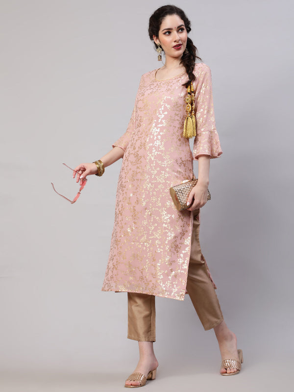 Peach Foil Printed Kurta With Pant