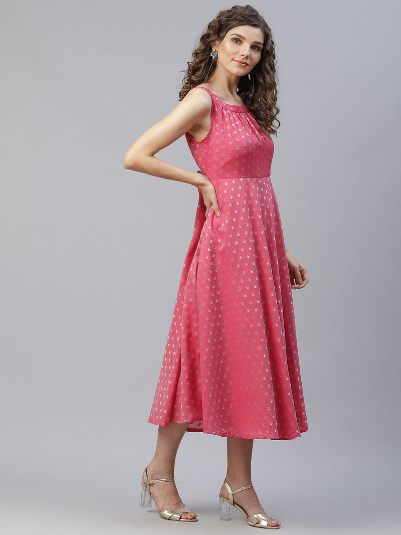 Pink Woven Designed Halter Neck Dress