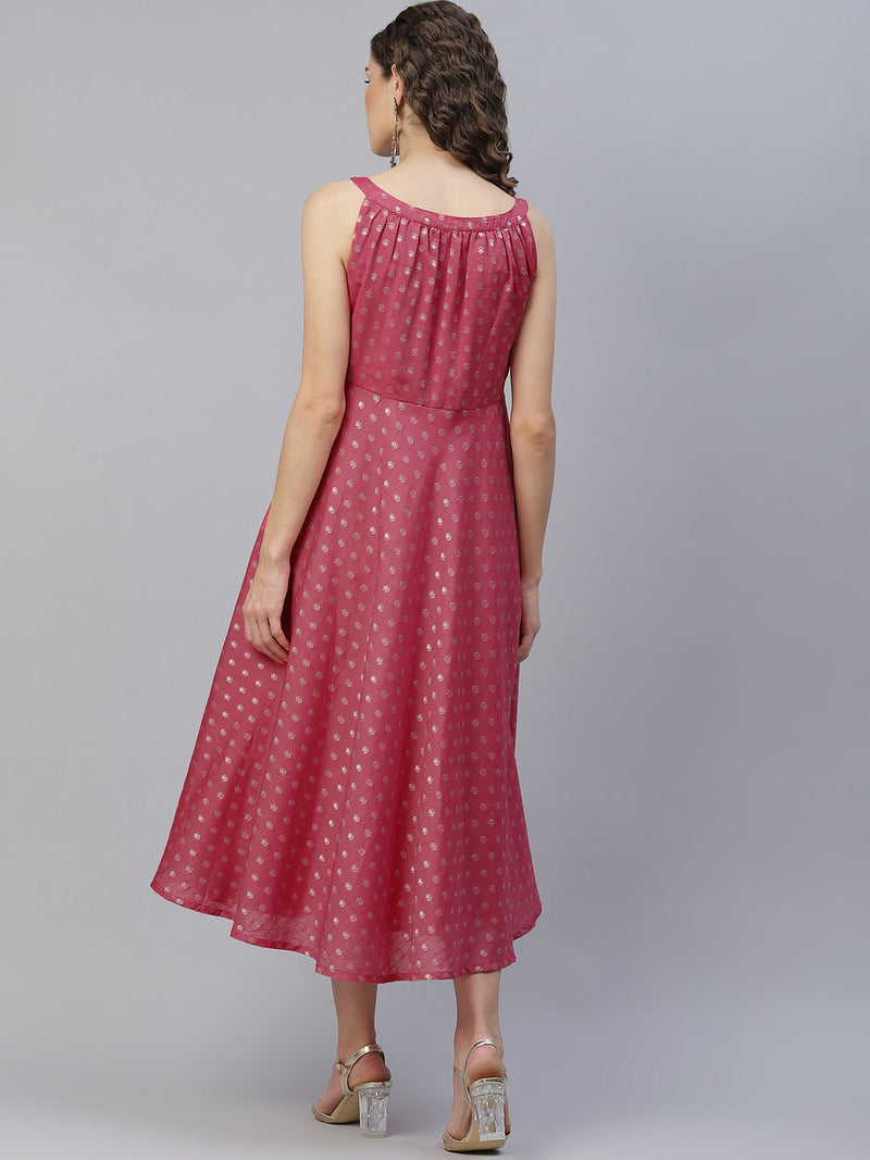 Pink Woven Designed Halter Neck Dress