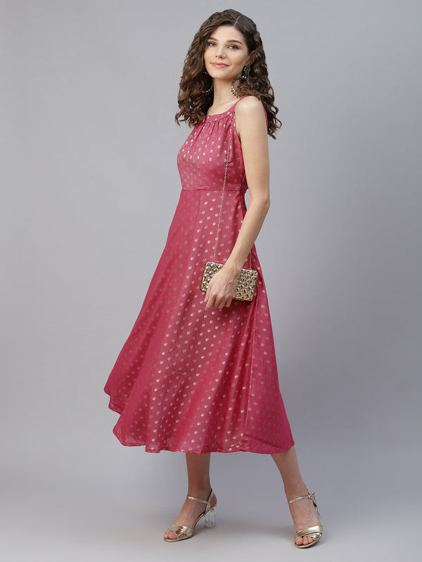 Pink Woven Designed Halter Neck Dress