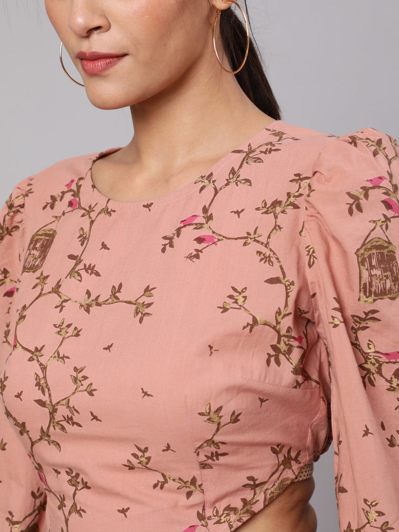 Brown Printed Cut-Out Skater Dress