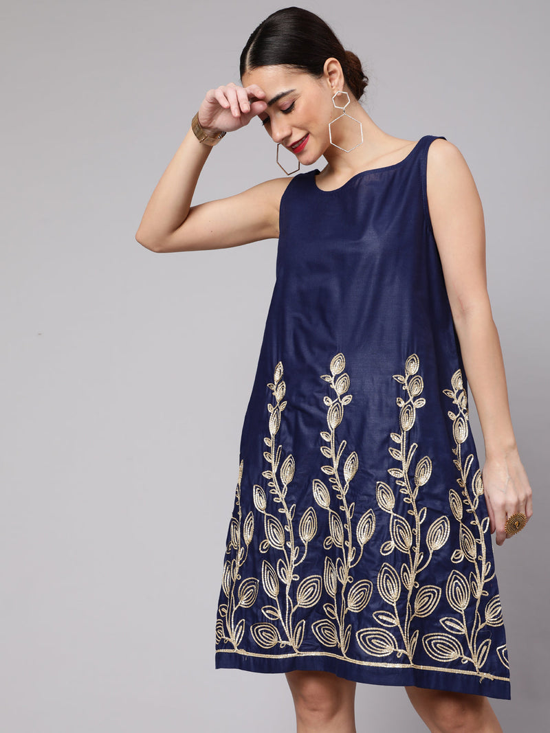 Navy Blue Embroidered Shift Dress