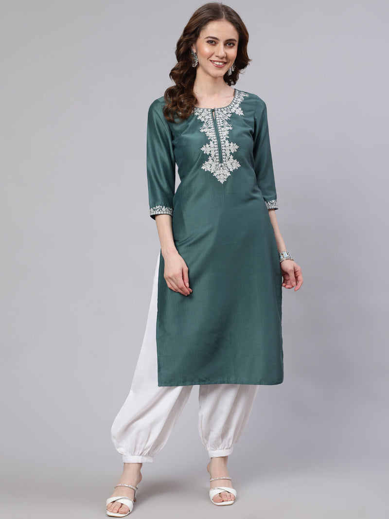 Blue Embroidered Straight Kurta